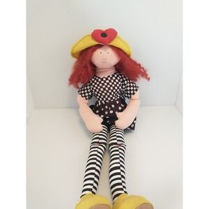 Vintage Handmade Madeline Cloth Doll Red Hair Yellow Hat Shoes Black White Dress